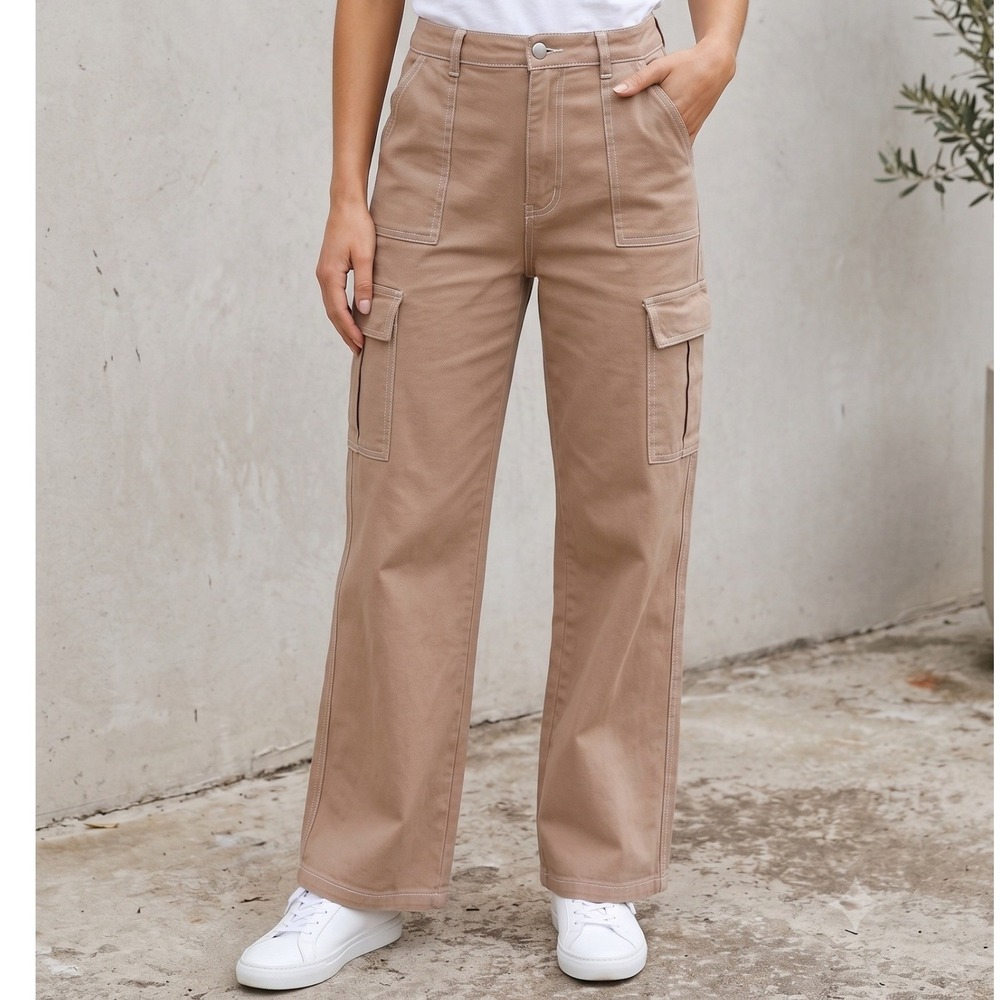 Cargo Pants Women XL Brown Contrast Stitch Wide Leg High Rise Goth Y2K Oversized